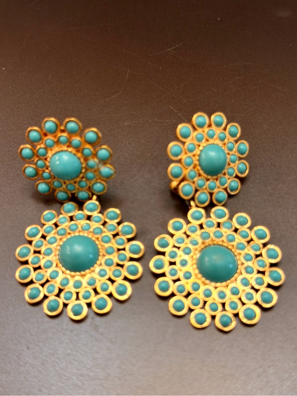Premier Designs Turquoise and Gold Double-Drop Floral Earrings